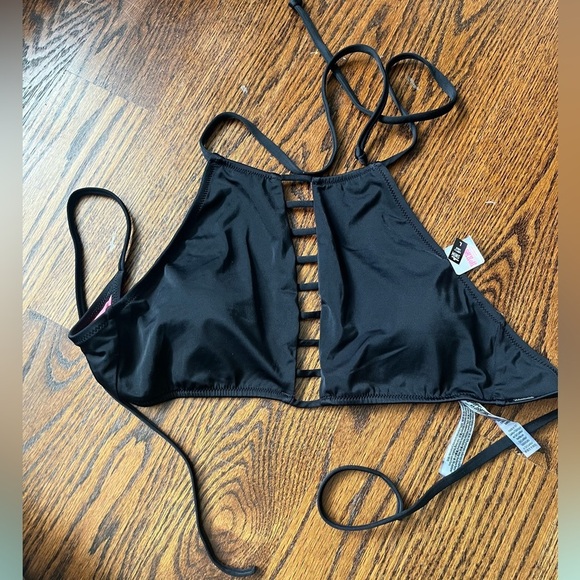 Victoria Secret PINK  Bikini Top Swimsuit Adjustable Halter Neck black Sz L - Picture 1 of 7